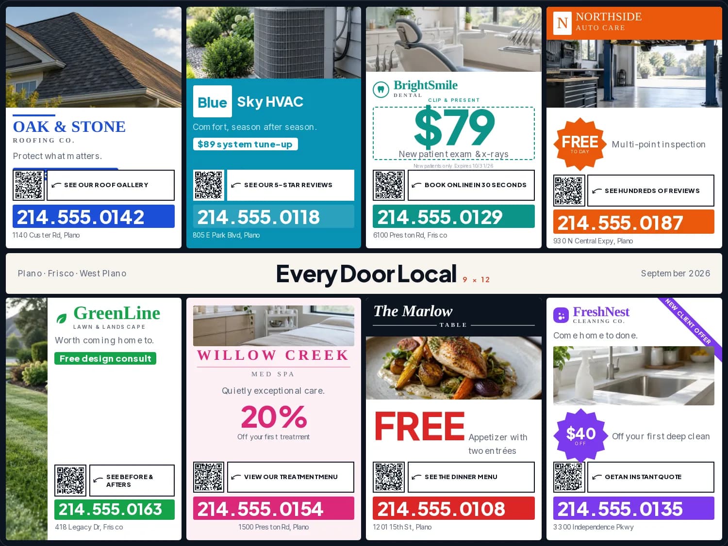 A 9 by 12 Every Door Local shared mailer carrying eight local business advertisements, four above the nameplate and four below